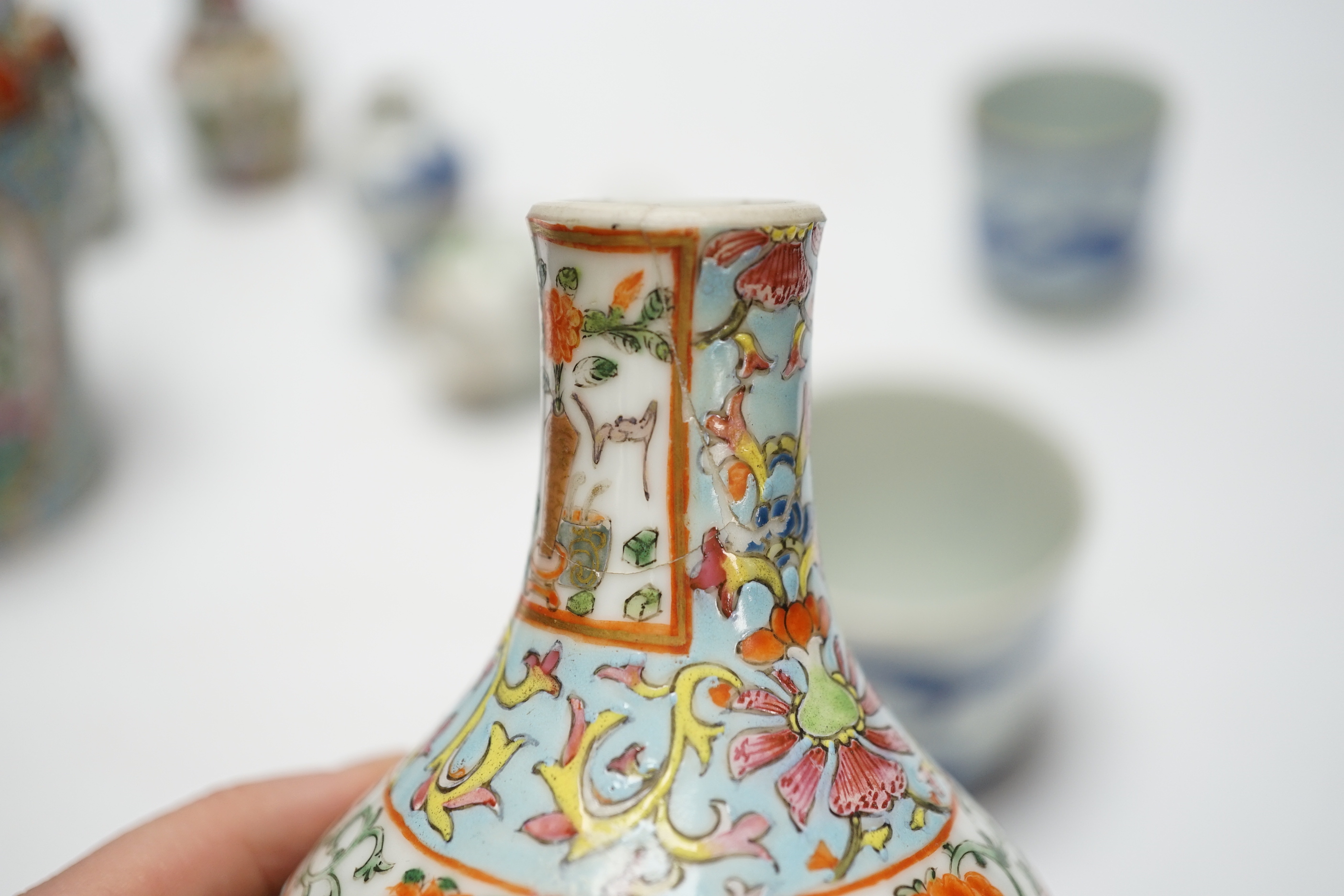 A group of Chinese famille rose small vases and blue and white items, late 19th/early 20th century (8) tallest 16cm